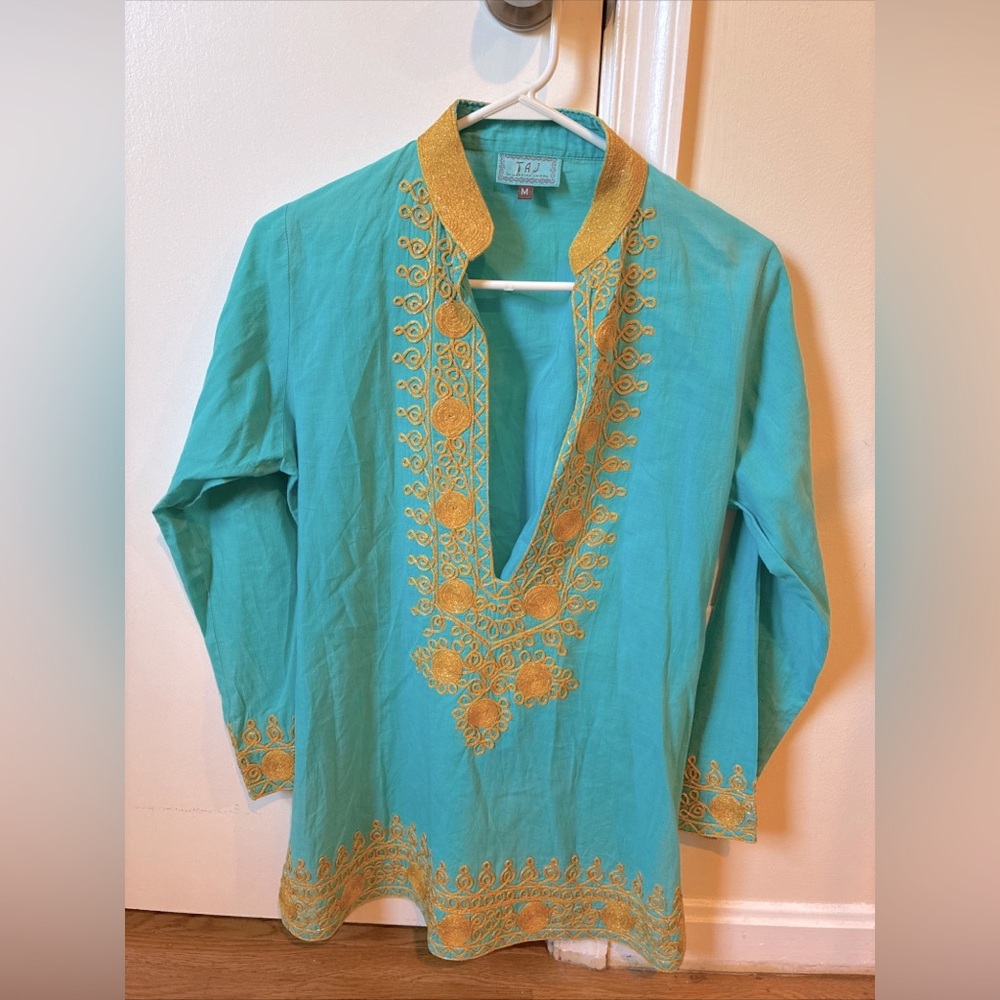 TAJ by Sabrina Crippa turquoise and gold tunic size M EUC